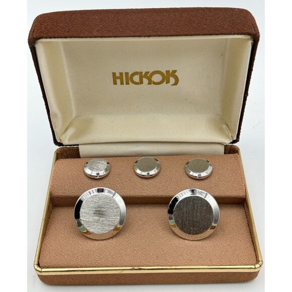 1970s Hickok Tuxedo Cuff Links and Shirt Stud Set-SilverTone Engravable-NOS MCM - Picture 1 of 6